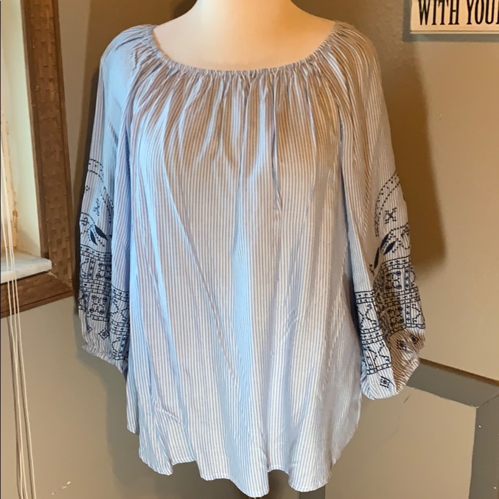 Uniquely Accented Blue and White Peasant Top